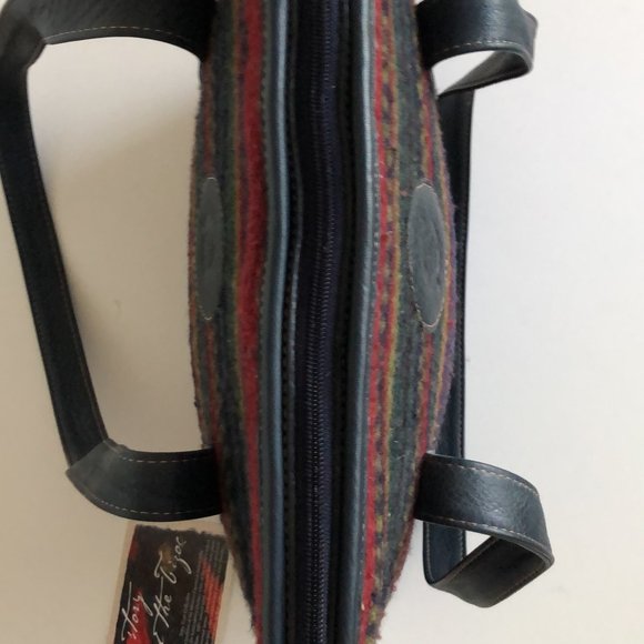 BORN Wool Navy Leather Southwestern Boho Tote Shopper Bag - Picture 5 of 11